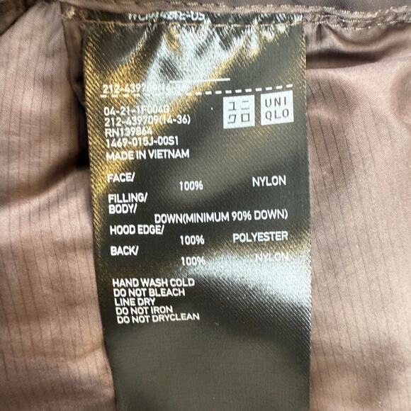 Uniqlo Ultra Light Down Long Puffer Coat Hooded Brown Size S Lightweight - Picture 6 of 11